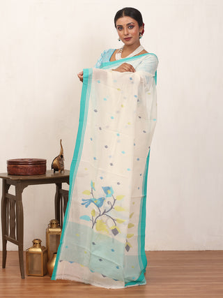 White Fulia Handloom Mul Cotton Saree With Aqua Blue Piping Border And Multicolour Jamdani Butis With Bird Motif On Pallu