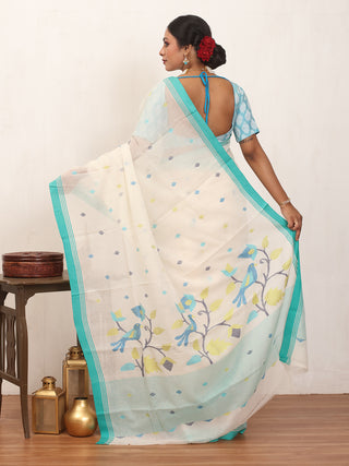 White Fulia Handloom Mul Cotton Saree With Aqua Blue Piping Border And Multicolour Jamdani Butis With Bird Motif On Pallu