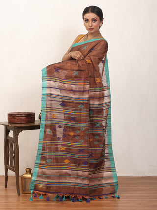 Copper Colour Tissue Khadi Cotton Saree With Turquoise Border And Multicolour Weaves