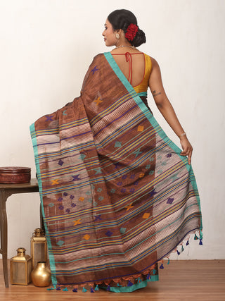 Copper Colour Tissue Khadi Cotton Saree With Turquoise Border And Multicolour Weaves