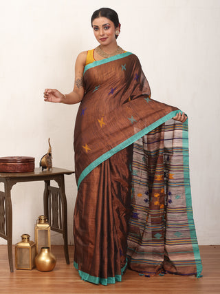 Copper Colour Tissue Khadi Cotton Saree With Turquoise Border And Multicolour Weaves