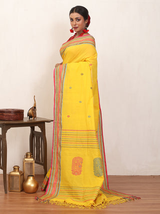 Yellow Bengal Handloom Cotton Baluchari Saree With Multicoloured Weaves On Border And Pallu