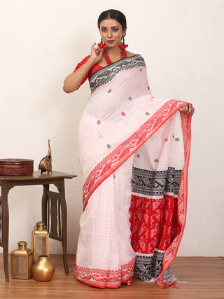 White Checkered Bengal Handloom Cotton Saree With Red And Black Dhakai Border And Butis