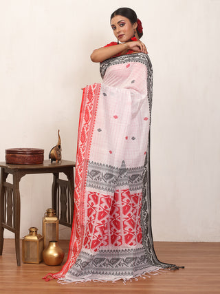 White Checkered Bengal Handloom Cotton Saree With Red And Black Dhakai Border And Butis