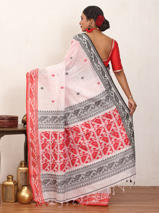 White Checkered Bengal Handloom Cotton Saree With Red And Black Dhakai Border And Butis