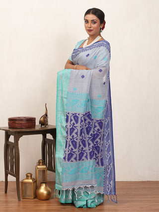 Grey Checkered Bengal Handloom Cotton Saree With Aqua Blue And Navy Blue Dhakai Border And Butis
