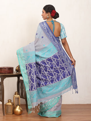 Grey Checkered Bengal Handloom Cotton Saree With Aqua Blue And Navy Blue Dhakai Border And Butis