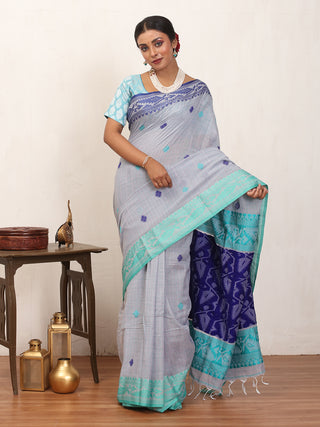Grey Checkered Bengal Handloom Cotton Saree With Aqua Blue And Navy Blue Dhakai Border And Butis