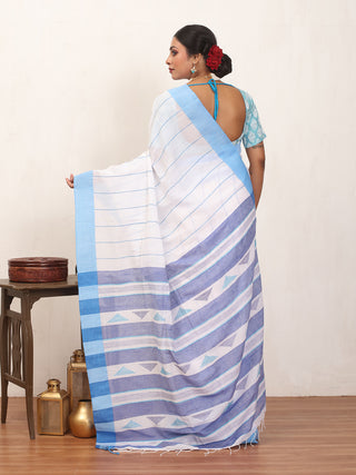 White And Blue Bengal Handloom Cotton Saree With Striped Body And Geometric Weaves On Pallu