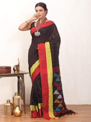 Black Bengal Handloom Cotton Saree with Handwoven Temple Design