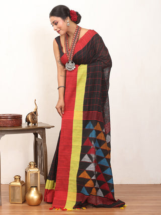 Black Bengal Handloom Cotton Saree with Handwoven Temple Design