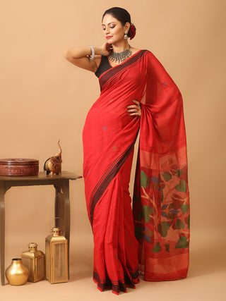 Red And Black Bengal Handloom Cotton Silk Saree With Jamdani Pallu