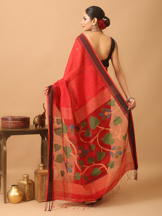Red And Black Bengal Handloom Cotton Silk Saree With Jamdani Pallu