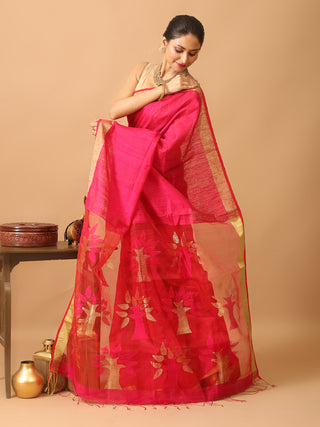 Fuchsia Bengal Handloom Cotton Silk Saree With Golden Zari Border And Jamdani Pallu