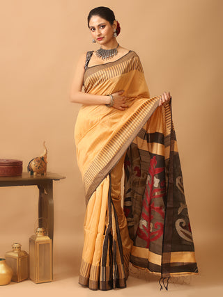 Sandal Colour Bengal Handloom Cotton Silk Saree With Black Jamdani Pallu