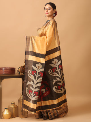 Sandal Colour Bengal Handloom Cotton Silk Saree With Black Jamdani Pallu