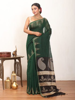 Bottle Green Bengal Handloom Cotton Silk Saree With Temple Border And Black Jamdani Pallu