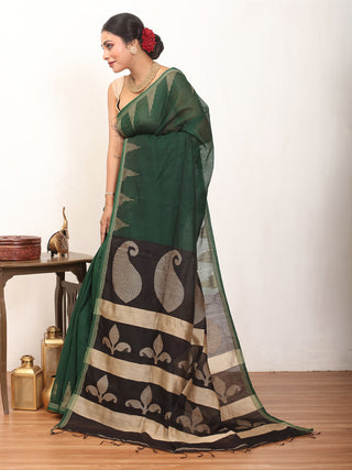Bottle Green Bengal Handloom Cotton Silk Saree With Temple Border And Black Jamdani Pallu