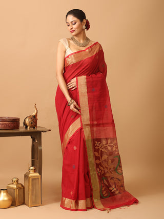 Maroon Bengal Handloom Cotton Silk Saree With Golden Zari Border And Jamdani Pallu