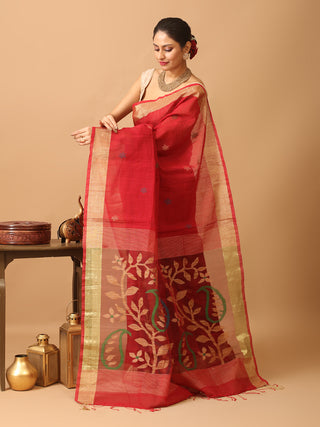 Maroon Bengal Handloom Cotton Silk Saree With Golden Zari Border And Jamdani Pallu