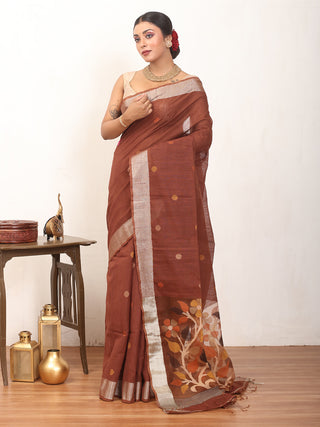 Brown Bengal Handloom Cotton Silk Saree With Silver Zari Border And Jamdani Pallu