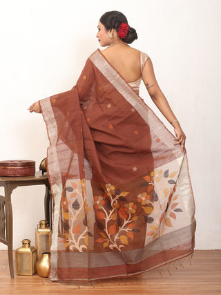 Brown Bengal Handloom Cotton Silk Saree With Silver Zari Border And Jamdani Pallu