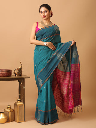 Teal Blue Bengal Handloom Cotton Silk Saree With Magenta Jamdani Pallu