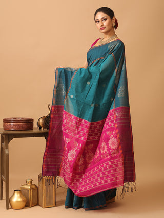 Teal Blue Bengal Handloom Cotton Silk Saree With Magenta Jamdani Pallu