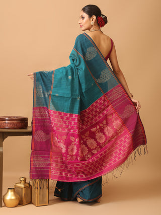 Teal Blue Bengal Handloom Cotton Silk Saree With Magenta Jamdani Pallu