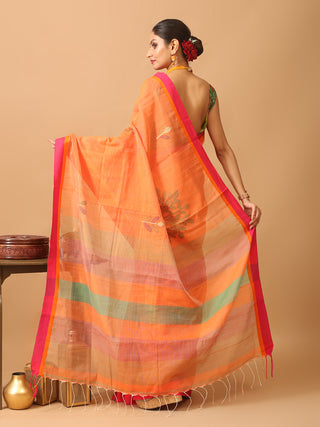 Peach And Fuchsia Bengal Handloom Cotton Silk Saree With Jamdani Body And Pallu