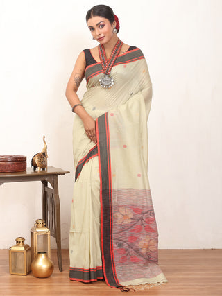 Light Pista Green And Black Bengal Handloom Cotton Silk Saree With Ikkat Inspired Jamdani Pallu