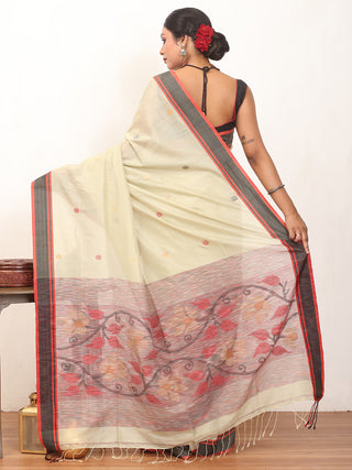 Light Pista Green And Black Bengal Handloom Cotton Silk Saree With Ikkat Inspired Jamdani Pallu