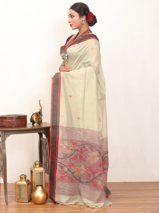 Light Pista Green And Black Bengal Handloom Cotton Silk Saree With Ikkat Inspired Jamdani Pallu