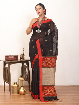 Black And Red Bengal Handloom Cotton Silk Saree With Jamdani Pallu