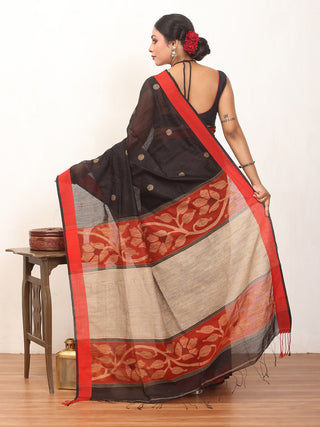 Black And Red Bengal Handloom Cotton Silk Saree With Jamdani Pallu