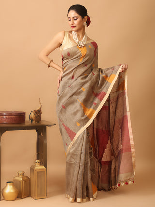 Brown Bengal Handloom Cotton Silk Saree With Temple Border And Pallu