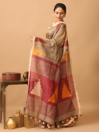 Brown Bengal Handloom Cotton Silk Saree With Temple Border And Pallu