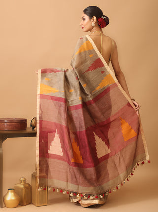 Brown Bengal Handloom Cotton Silk Saree With Temple Border And Pallu