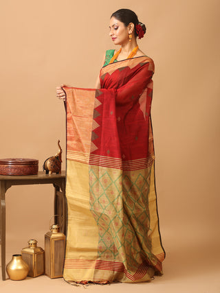 Red Bengal Handloom Cotton Silk Saree With Temple Border And Golden Jamdani Pallu