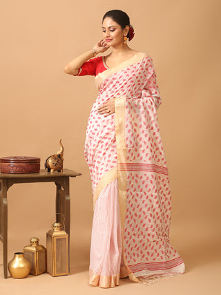 White Bengal Handloom Cotton Silk Saree With Red Leaf Motifs