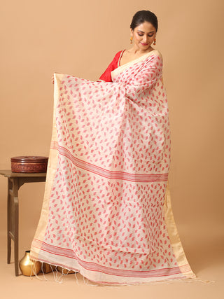 White Bengal Handloom Cotton Silk Saree With Red Leaf Motifs