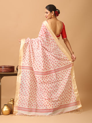 White Bengal Handloom Cotton Silk Saree With Red Leaf Motifs