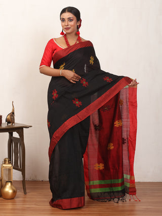 Black And Red Bengal Handloom Cotton Silk Saree With Geometric Weaves