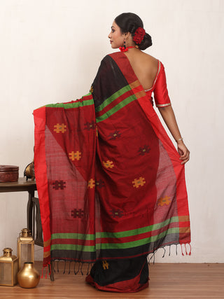 Black And Red Bengal Handloom Cotton Silk Saree With Geometric Weaves