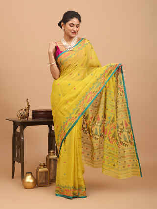 Lemon Yellow Handwoven Pure Mul Cotton Dhakai Jamdani With Magenta, Blue And Black Geometric Weaves