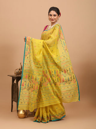 Lemon Yellow Handwoven Pure Mul Cotton Dhakai Jamdani With Magenta, Blue And Black Geometric Weaves