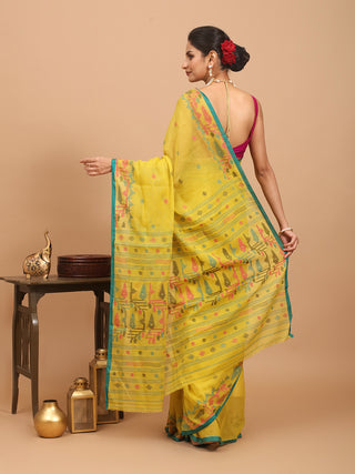 Lemon Yellow Handwoven Pure Mul Cotton Dhakai Jamdani With Magenta, Blue And Black Geometric Weaves