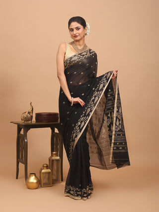 Black Handwoven Pure Mul Cotton Dhakai Jamdani With Beige Geometric Weaves