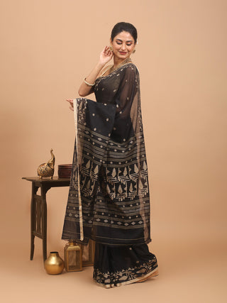Black Handwoven Pure Mul Cotton Dhakai Jamdani With Beige Geometric Weaves