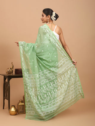 Pista Green Handwoven Pure Mul Cotton Dhakai Jamdani With Off White Geometric Weaves